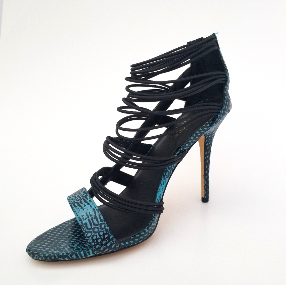 Teal Blue Snake Print Strappy Caged Heels 10
